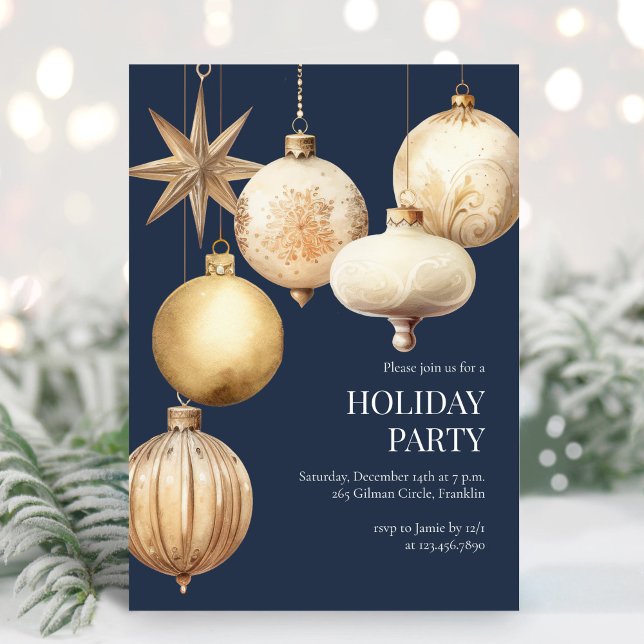Blue Watercolor Ornaments Holiday Christmas Party Invitation (Creator Uploaded)