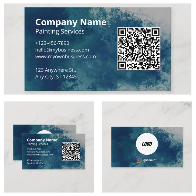 Blue Watercolor Painter QR Code Business Card (Blue Watercolor Painter QR Code Business Cards)