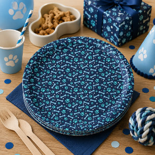 Blue Watercolor Paw Prints Birthday Paper Plate