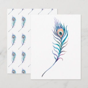 Blue watercolor peacock feather illustration card
