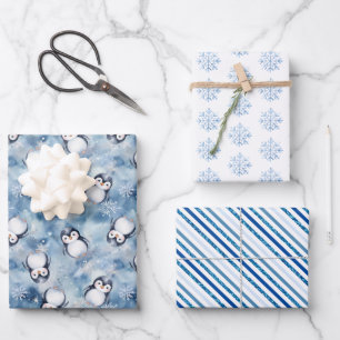 Blue Watercolor Penguin Winter Baby Shower  Wrapping Paper Sheet