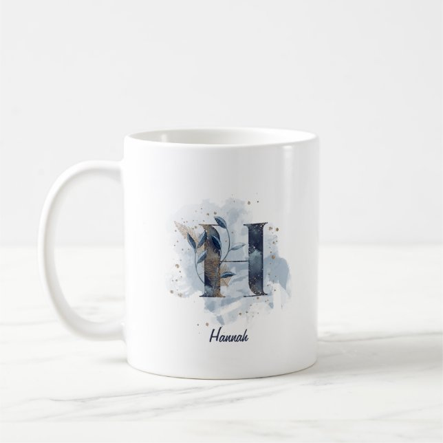 Blue Watercolor Personalised Name Letter Initial H Coffee Mug (Left)