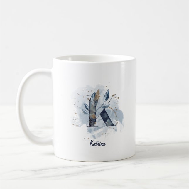 Blue Watercolor Personalised Name Letter Initial K Coffee Mug (Left)