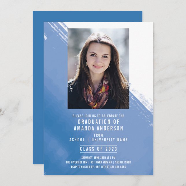 Blue Watercolor Photo Graduation Party Invitation (Front/Back)