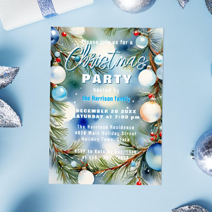 Blue Watercolor Pine Ornament Christmas Party Invitation