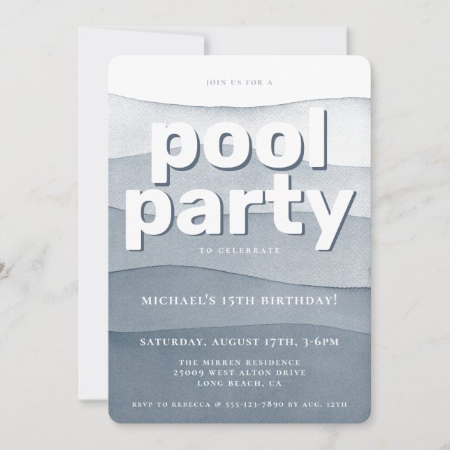 Blue Watercolor Pool Party Birthday Invitation (Front)