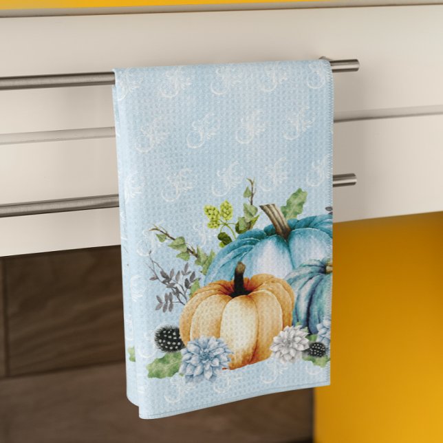 Blue  Watercolor Pumpkin Fall Autumn Tea Towel (Creator Uploaded)
