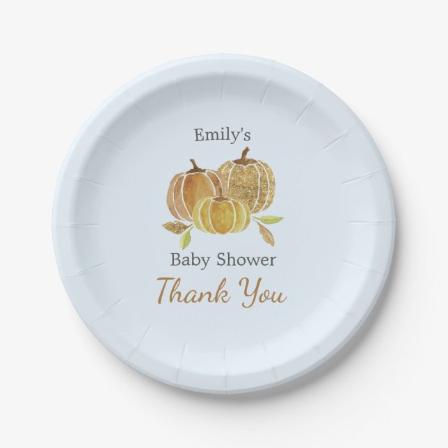 Blue Watercolor Pumpkin Fall Baby Shower Paper Plate (Front)