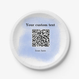 blue watercolor QR scan code add custom text rusti Paper Plate
