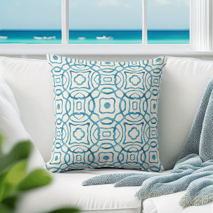 Blue Watercolor Quatrefoil Block Print Cushion