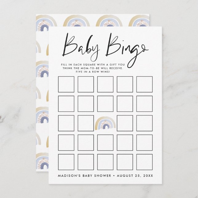 Blue Watercolor Rainbow Baby Shower Bingo Card (Front/Back)