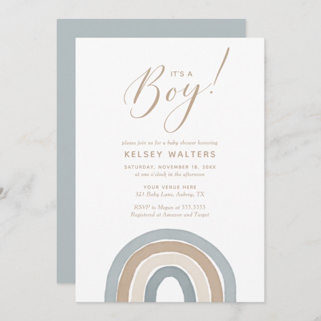 Blue Watercolor Rainbow Its a Boy Baby Shower Invitation (Front/Back)