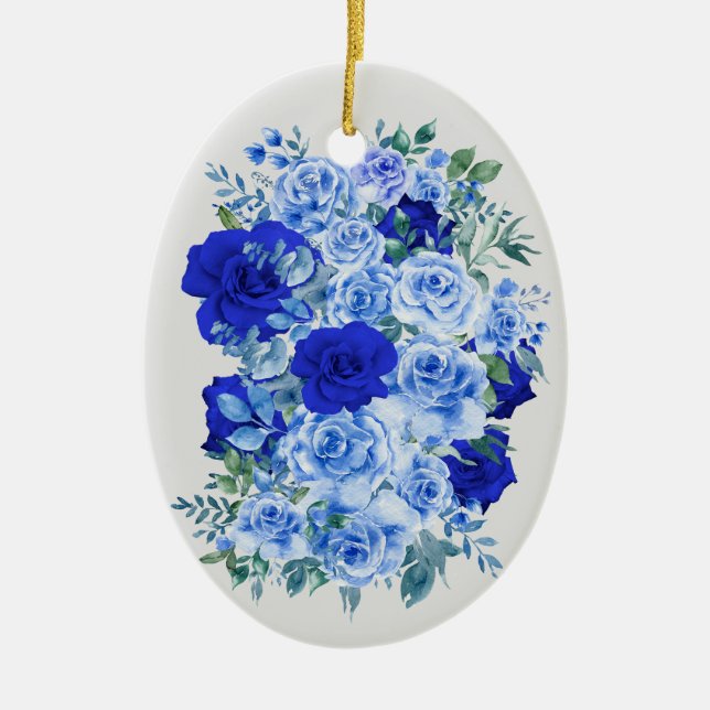 Blue Watercolor Rose Bouquet Ceramic Ornament (Front)