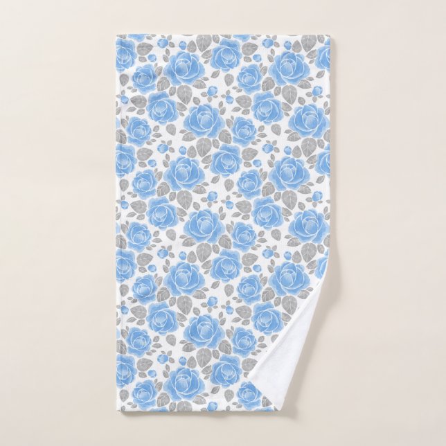 Blue watercolor roses and grey leaves hand towel (Hand Towel)