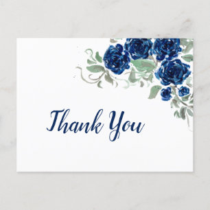 Blue Watercolor Roses Edge Thank You Card