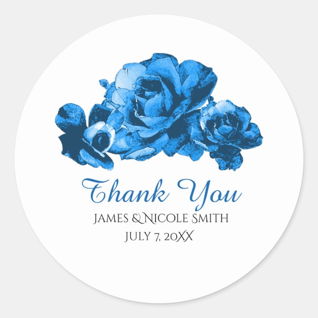 Blue Watercolor Roses Elegant Wedding Favour Classic Round Sticker (Front)