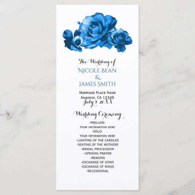 Blue Watercolor Roses Elegant Wedding Program (Front)
