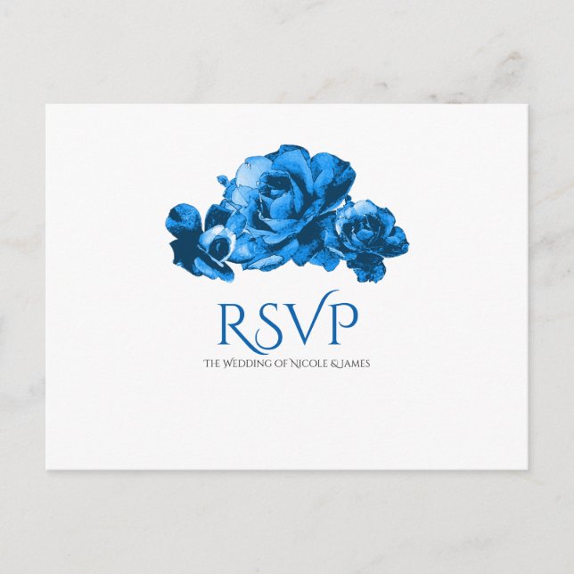 Blue Watercolor Roses Elegant Wedding RSVP Invitation Postcard (Front)
