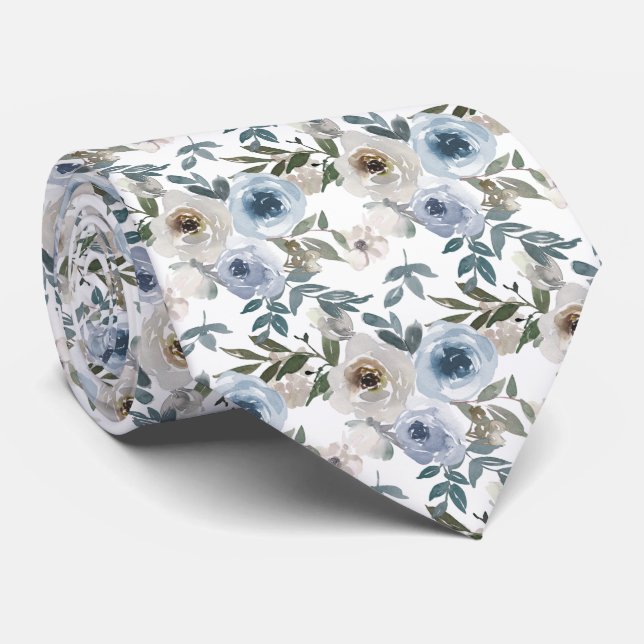 Blue Watercolor Roses Tie (Rolled)