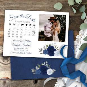 Blue Watercolor Roses Wedding Calendar & Photo Save The Date