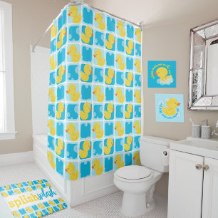 Blue Watercolor Rubber Duck Chequered Shower Curtain