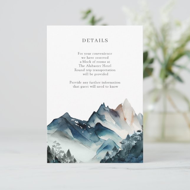 Blue Watercolor Rustic Mountains Details Enclosure (Standing Front)