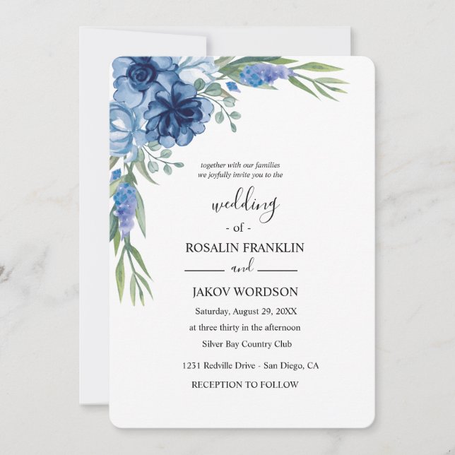 blue watercolor rustic wedding invitation (Front)