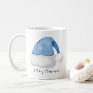 Blue Watercolor Santa Hat Personalised Christmas Coffee Mug