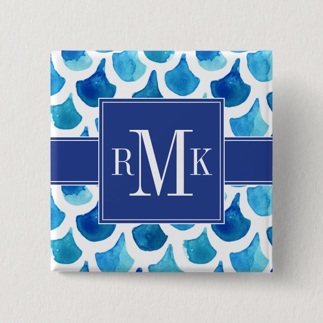 Blue Watercolor Scale Pattern 15 Cm Square Badge (Front)