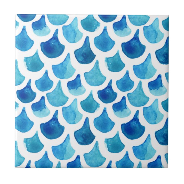 Blue Watercolor Scale Pattern Ceramic Tile (Front)