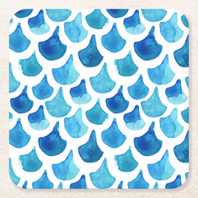 Blue Watercolor Scale Pattern Square Paper Coaster (Front)