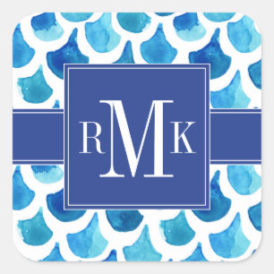 Blue Watercolor Scale Pattern Square Sticker