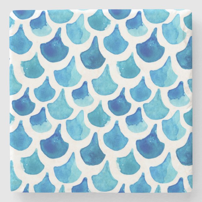 Blue Watercolor Scale Pattern Stone Coaster (Front)