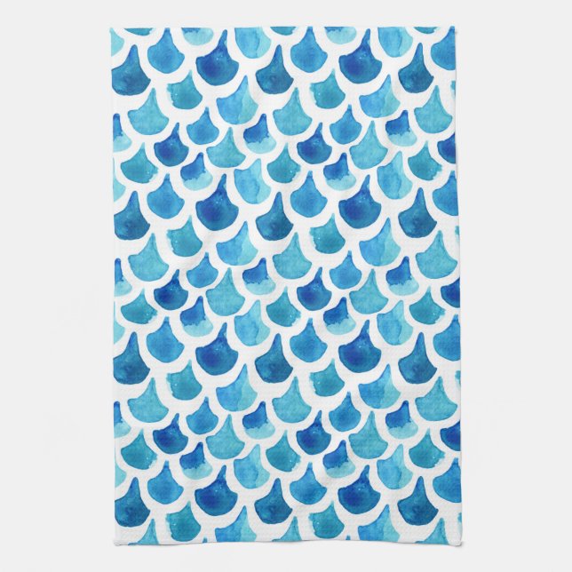 Blue Watercolor Scale Pattern Tea Towel (Vertical)