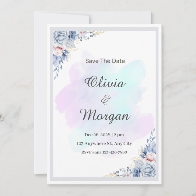 Blue Watercolor  Script Style Wedding Invitation (Front)