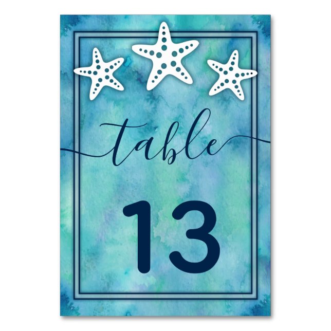 Blue Watercolor Sea Ocean Wedding Table Number (Front)