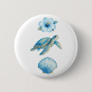Blue Watercolor Sea Turtle and Coastal Elements 6 Cm Round Badge
