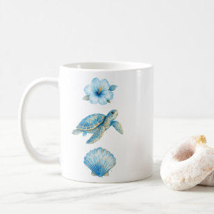 Blue Watercolor Sea Turtle and Coastal Elements Coffee Mug