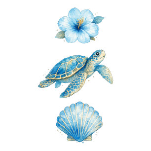 Blue Watercolor Sea Turtle and Coastal Elements Tri-Blend Shirt