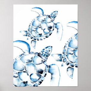 Blue Watercolor Sea Turtle Beach Poster