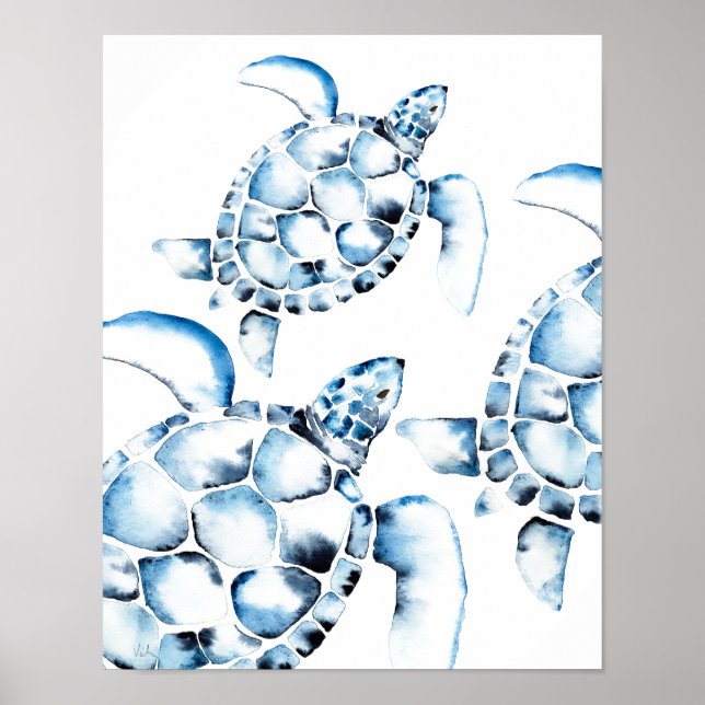 Blue Watercolor Sea Turtle Beach Poster (Front)