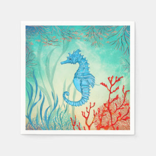 Blue watercolor seahorse napkin