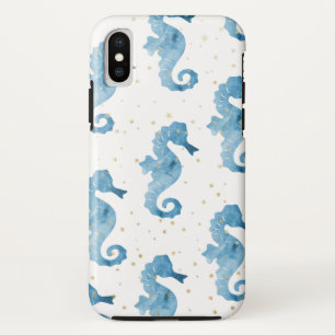 Blue Watercolor Seahorses Pattern Gold Sparkles iPhone X Case
