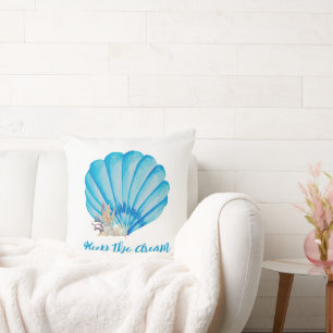 Blue Watercolor Seashell , Inspirational Quote Cushion