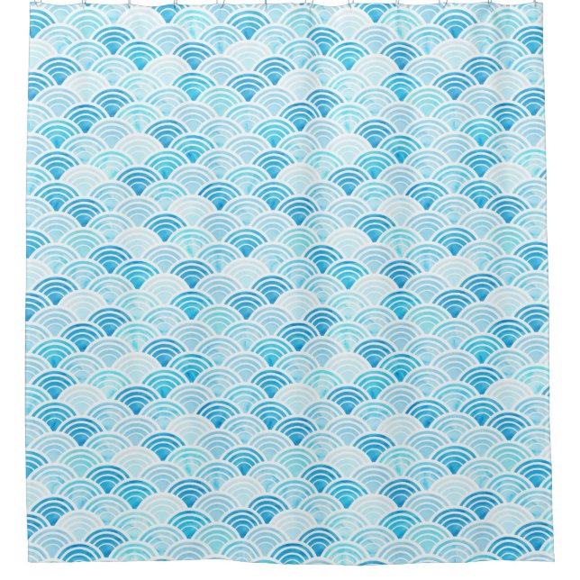 Blue Watercolor Seigaiha Waves Pattern Shower Curtain (Front)