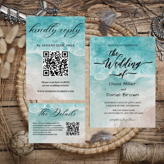 Blue Watercolor Shoreline Elegant Ocean Wedding Invitation (Creator Uploaded)