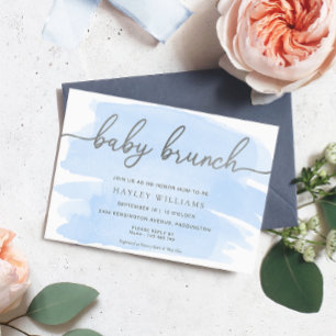Blue Watercolor Silver Baby Brunch Invitation