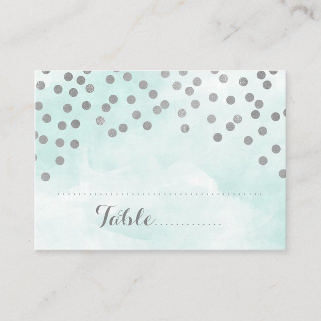 Blue Watercolor Silver Confetti Place Setting Card (Front)