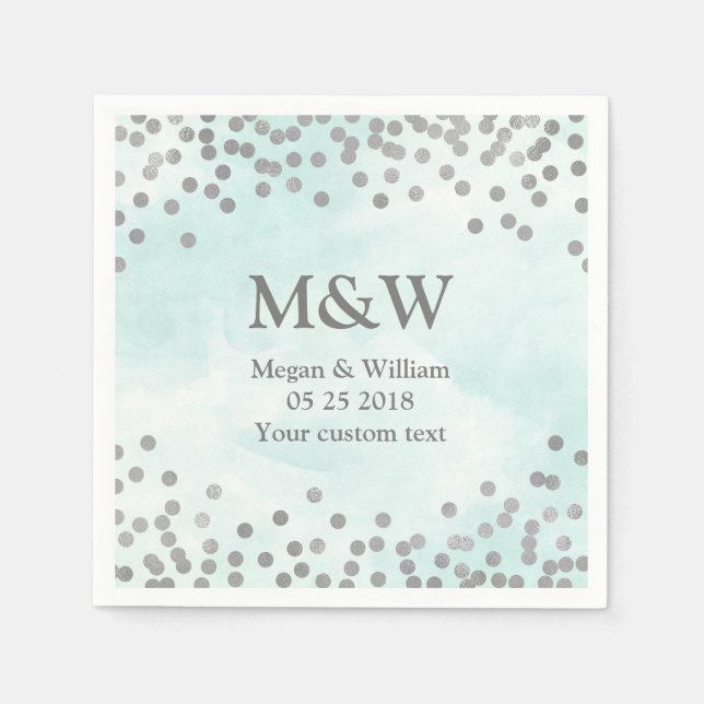 Blue Watercolor Silver Confetti Wedding Napkin (Front)