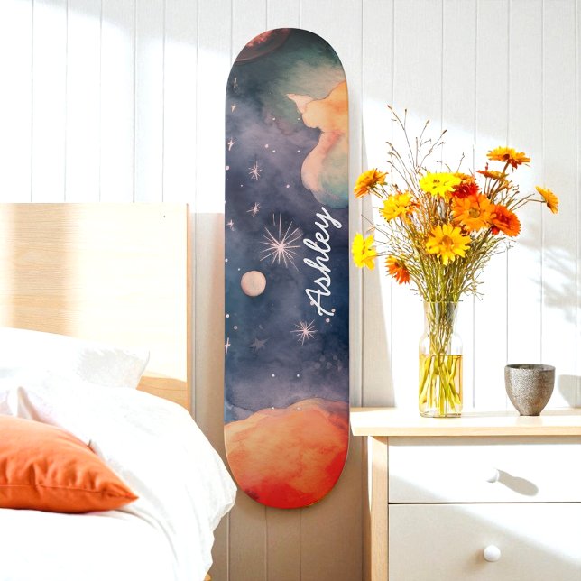 Blue Watercolor Sky Galaxy Celestial Skateboard (Creator Uploaded)